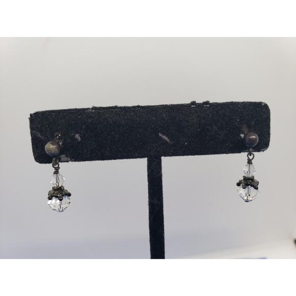 Vintage cut Clear Crystal Bead Drop Earrings Sterling Silver Post Studs - Picture 5 of 5